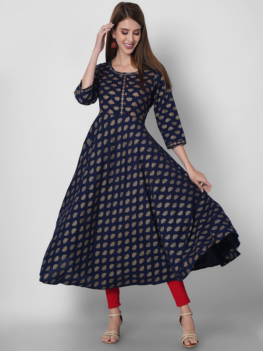 

ORTANGE Women Navy Blue & Gold-Toned Ethnic Motifs Printed Gotta Patti Kurta