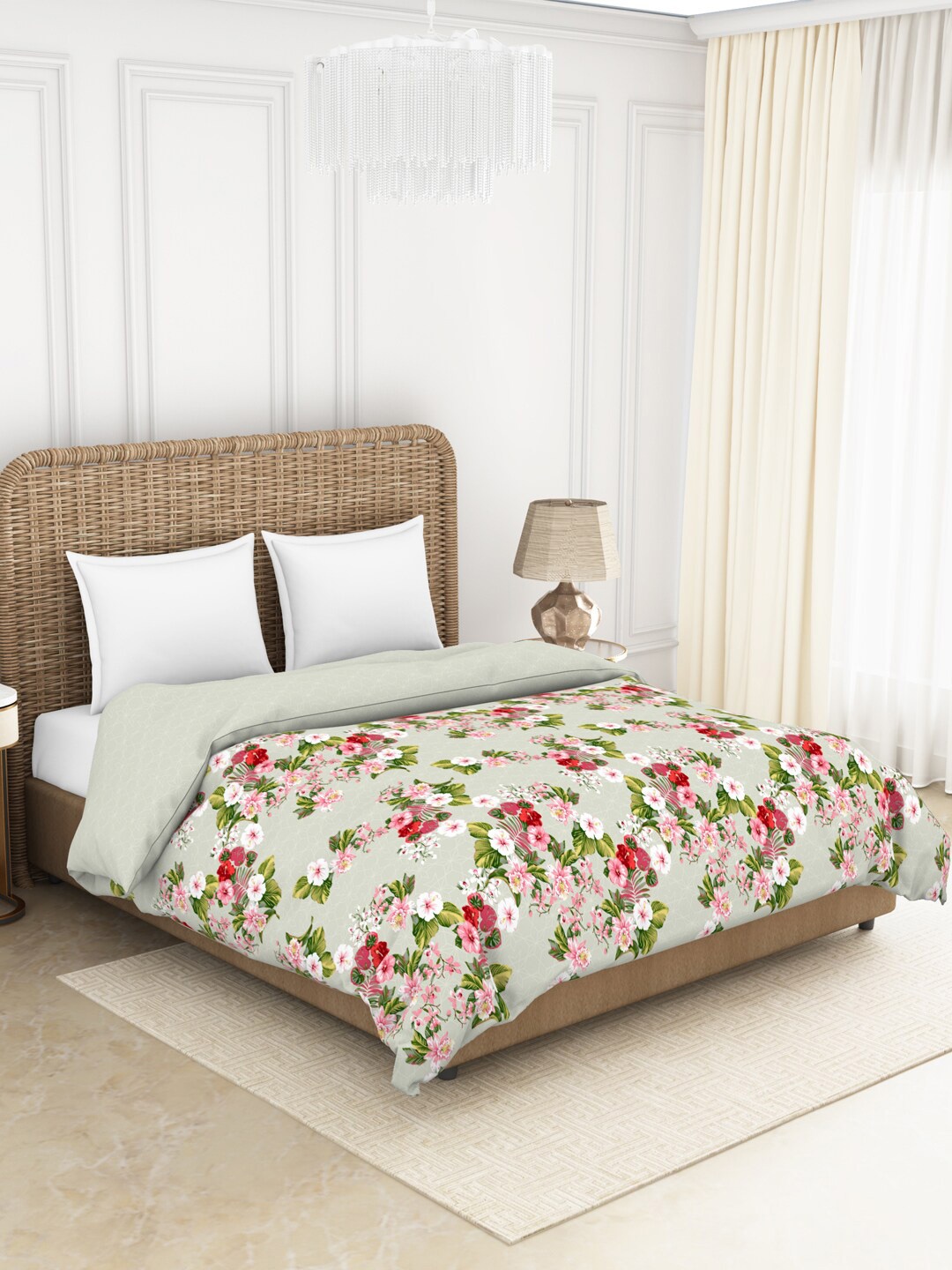 

SPACES Green & Pink Floral AC Room 150 GSM Adonia Double Bed Quilt
