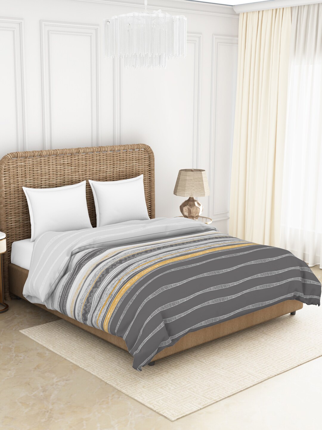 

SPACES Grey & Gold-Toned Striped AC Room 150 GSM Pure Cotton Double Bed Quilt