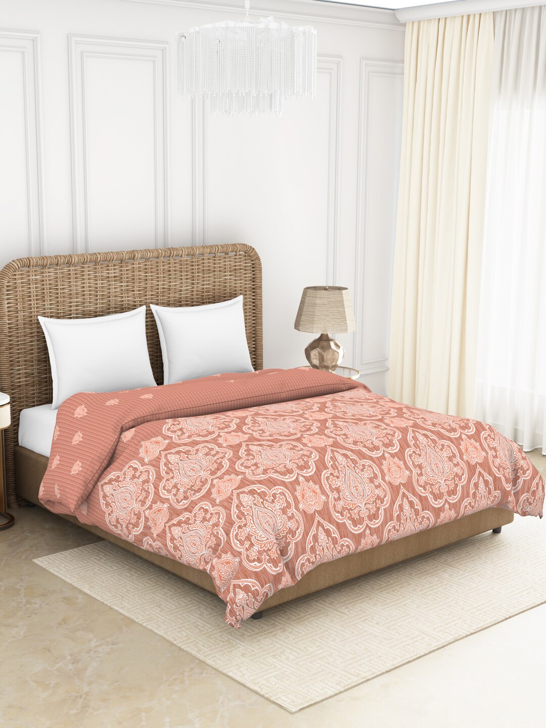 

SPACES Coral & White Geometric AC Room 150 GSM Cotton Double Bed Quilt
