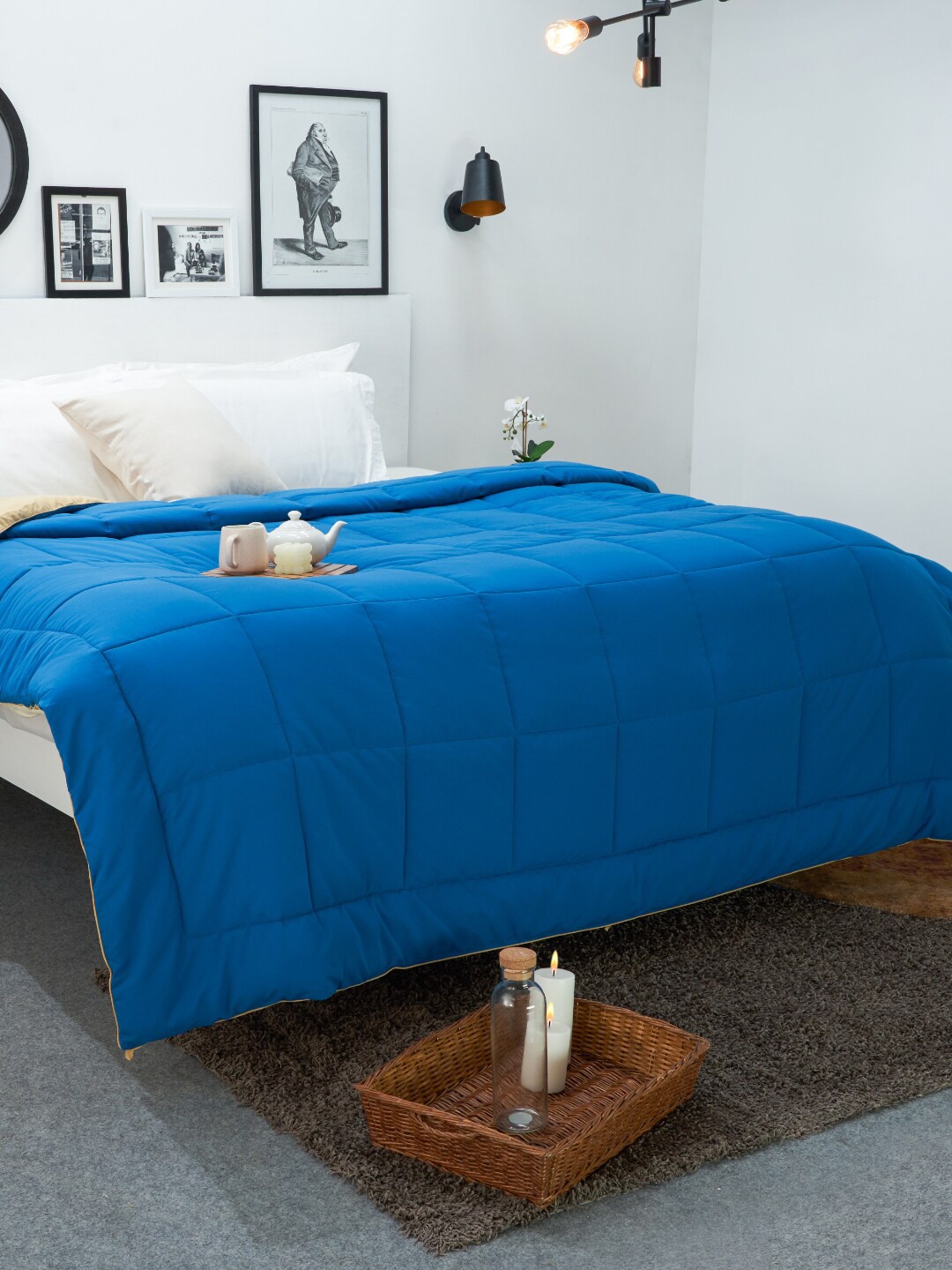 

SPACES Blue & Beige Checked Microfiber AC Room Single Bed Quilt