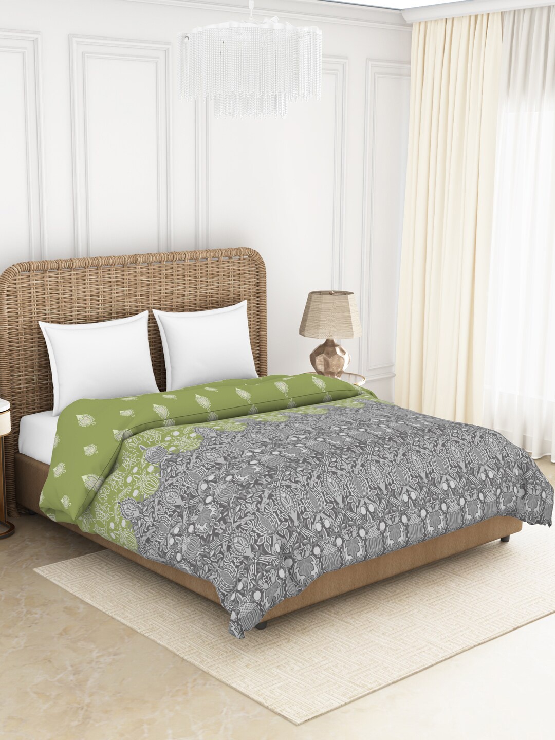 

SPACES Green & Grey Ethnic Motifs AC Room 150 GSM Double Bed Quilt