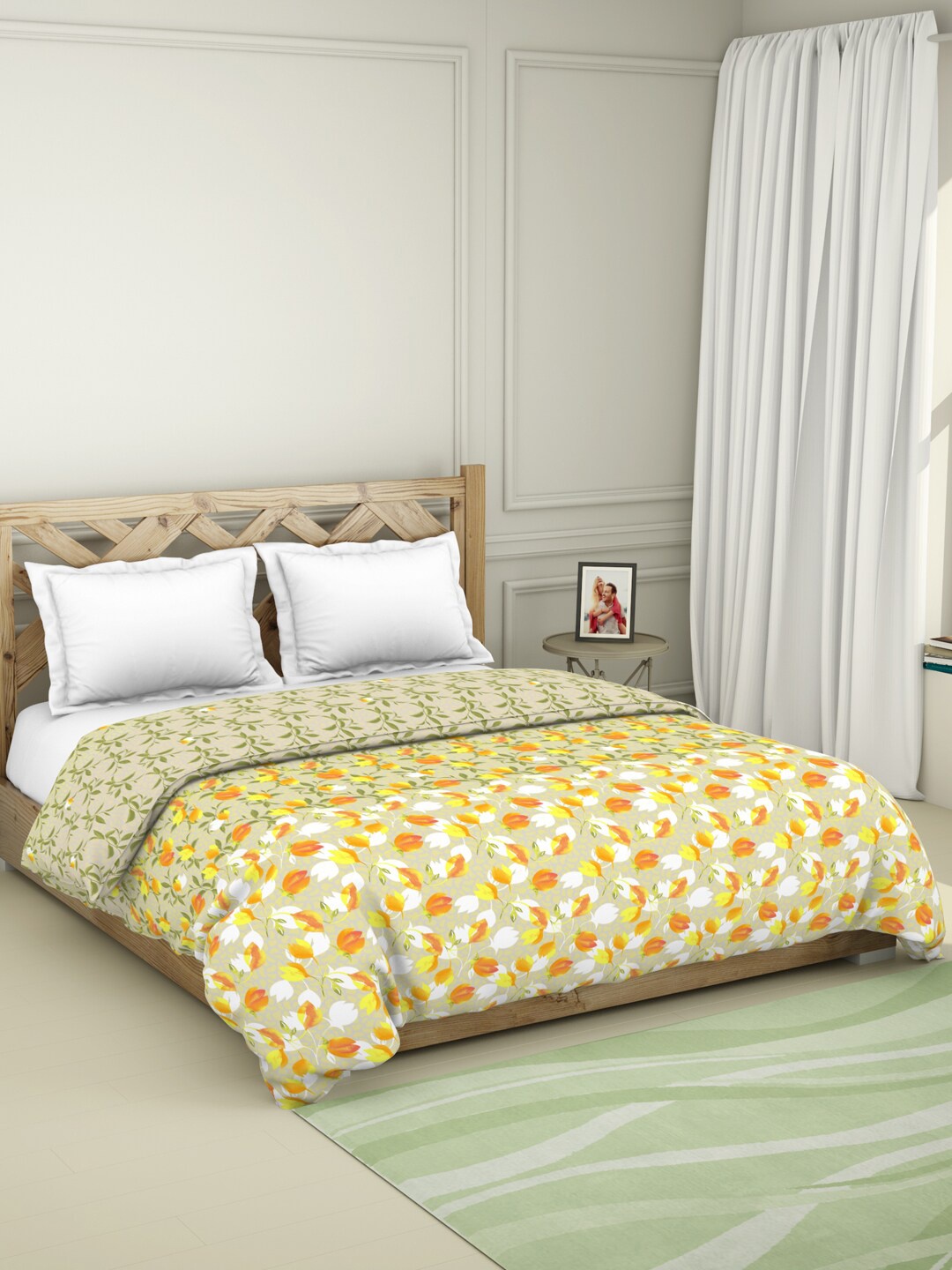 

SPACES Olive Green & Orange Floral AC Room 150 GSM Cotton Double Bed Quilt