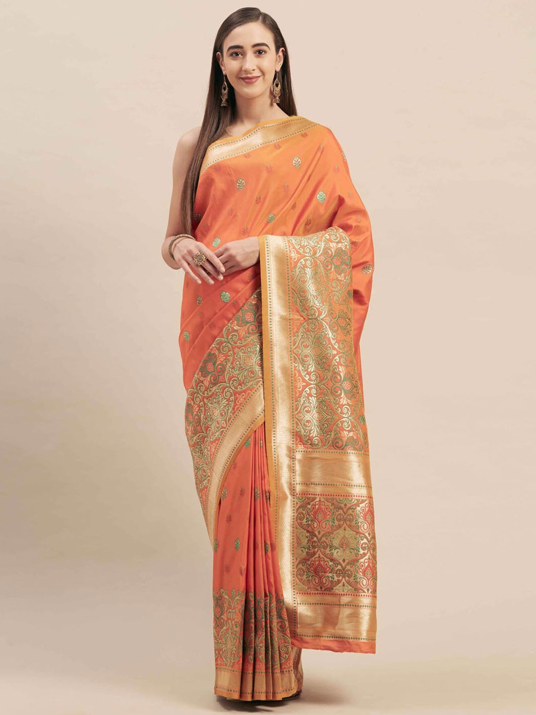 

Mitera Orange & Gold-Toned Woven Design Zari Silk Blend Saree
