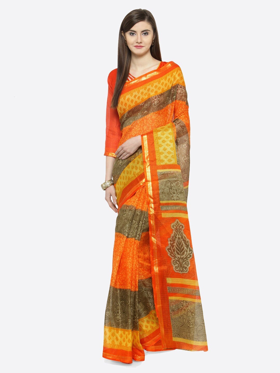 

Mitera Orange & Yellow Ethnic Motifs Zari Silk Cotton Saree