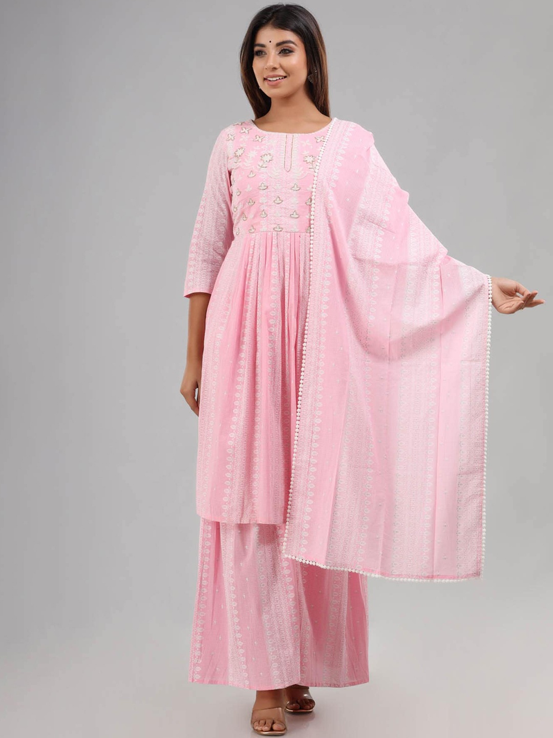 

FASHION DWAR Women Pink Ethnic Motifs Printed Pleated Pure Cotton Kurti with Sharara & With Dupatta