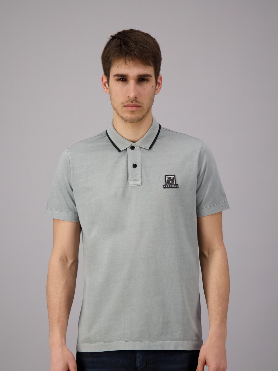 

FREESOUL Men Grey Polo Collar Pure Cotton T-shirt