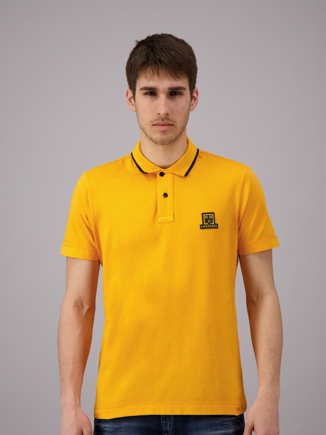 

FREESOUL Men Mustard Yellow Solid Polo Collar T-shirt