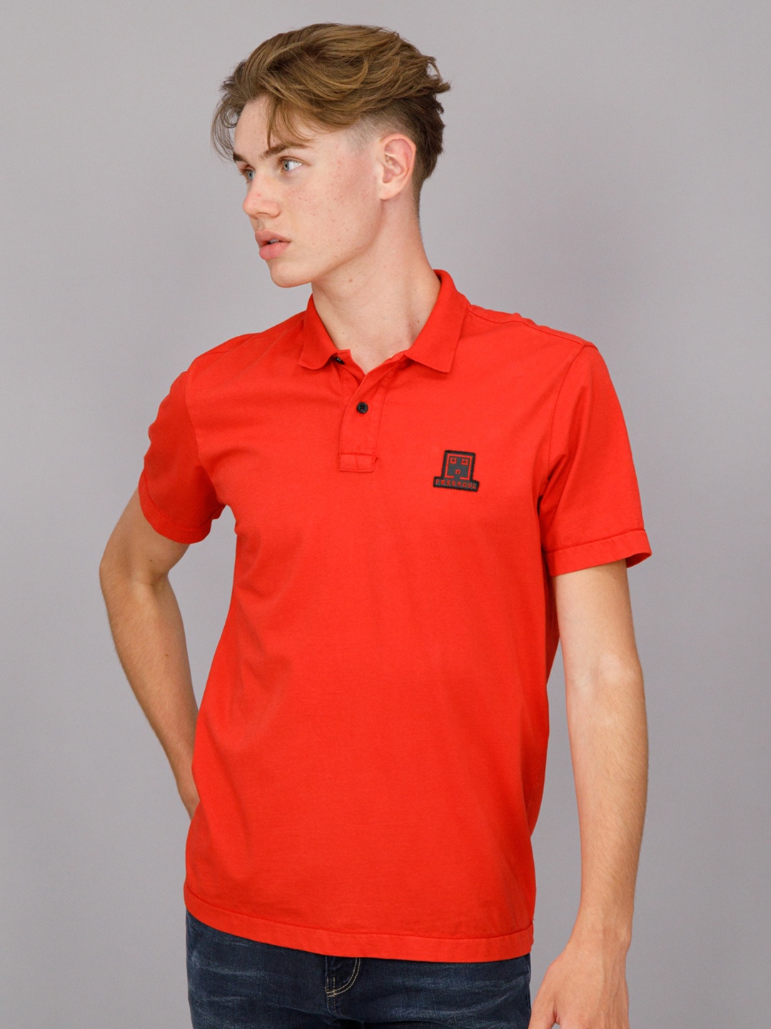 

FREESOUL Men Red Polo Collar Pure Cotton T-shirt