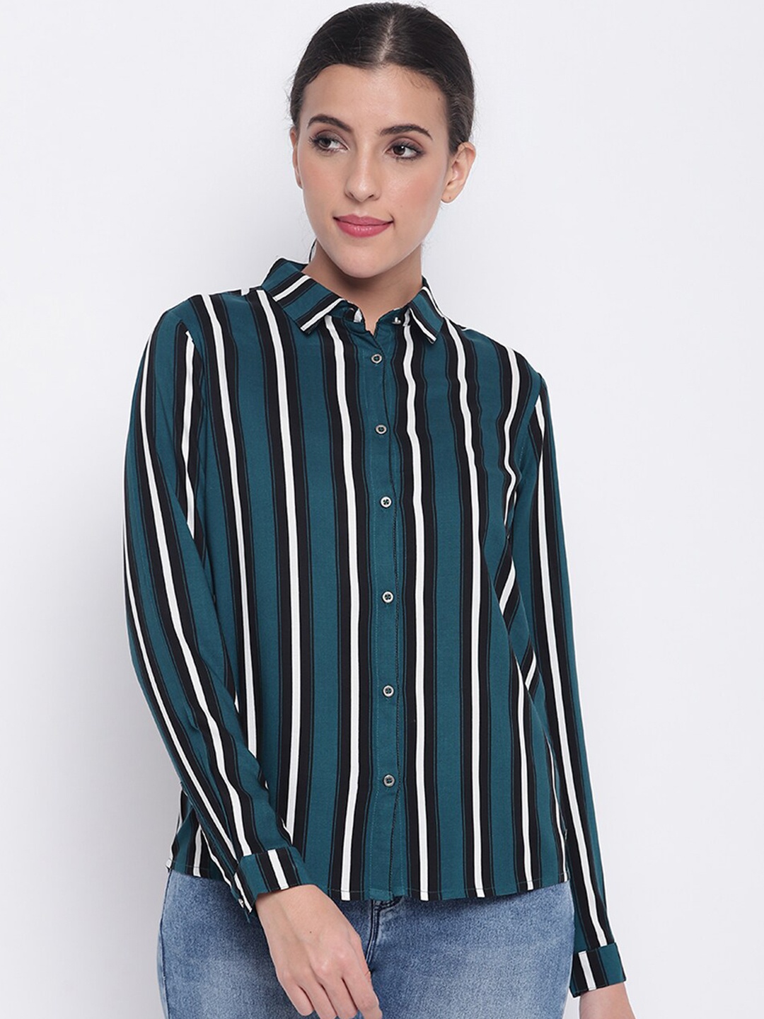 

Pepe Jeans Women Teal Striped Casual Shirt