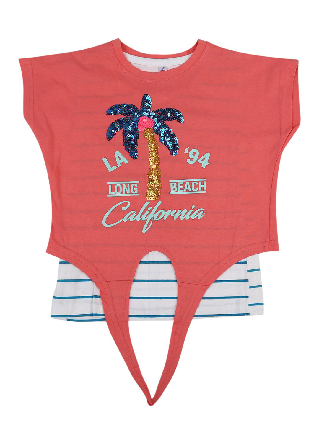 

V-Mart Girls Coral & White Printed Cotton T-shirt
