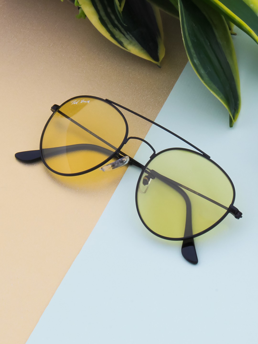 

Ted Smith Unisex Yellow Lens & Black Aviator Sunglasses with UV Protected Lens ELVIS_C2