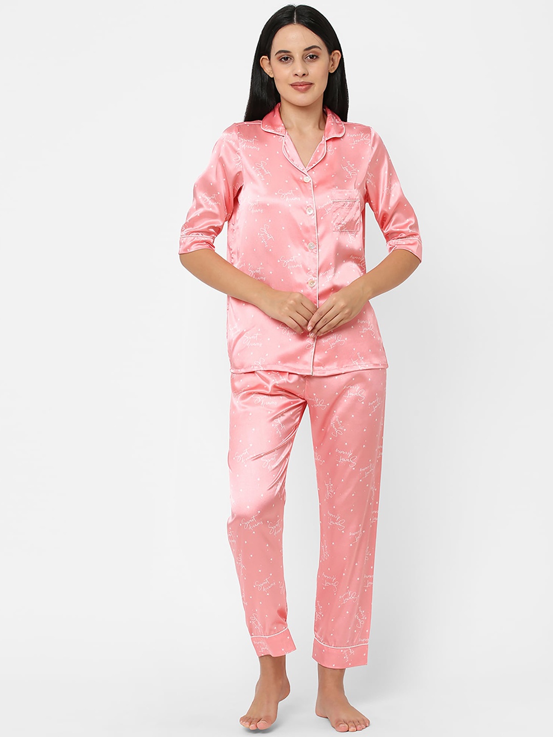 

Sweet Dreams Women Peach-Coloured & White Printed Night suit