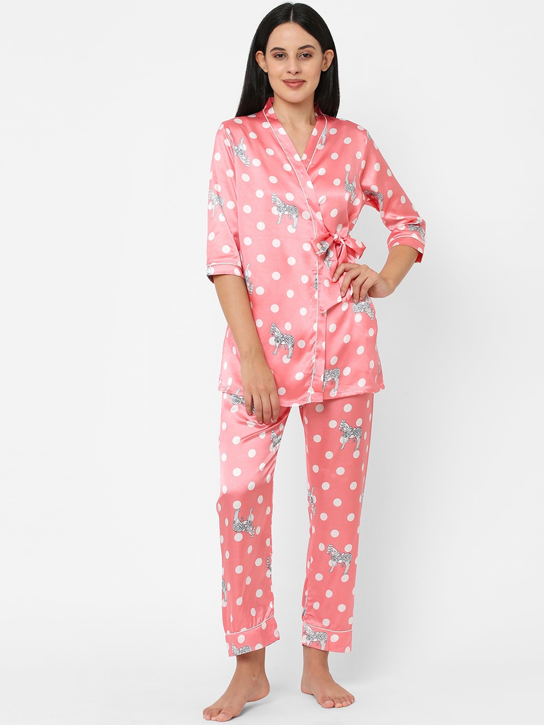 

Sweet Dreams Women Peach & White Printed Satin Night suit