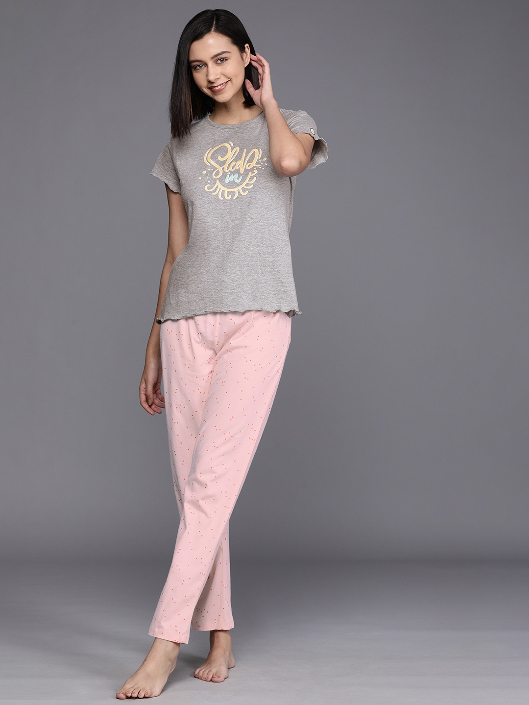 

Allen Solly Woman Women Grey Melange & Pink Printed Night suit