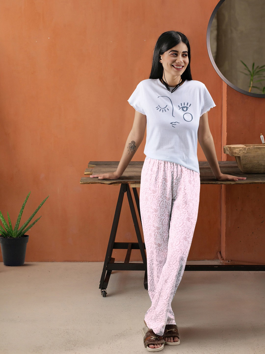 

Allen Solly Woman Women White & Rust Brown Printed Pure Cotton Night suit