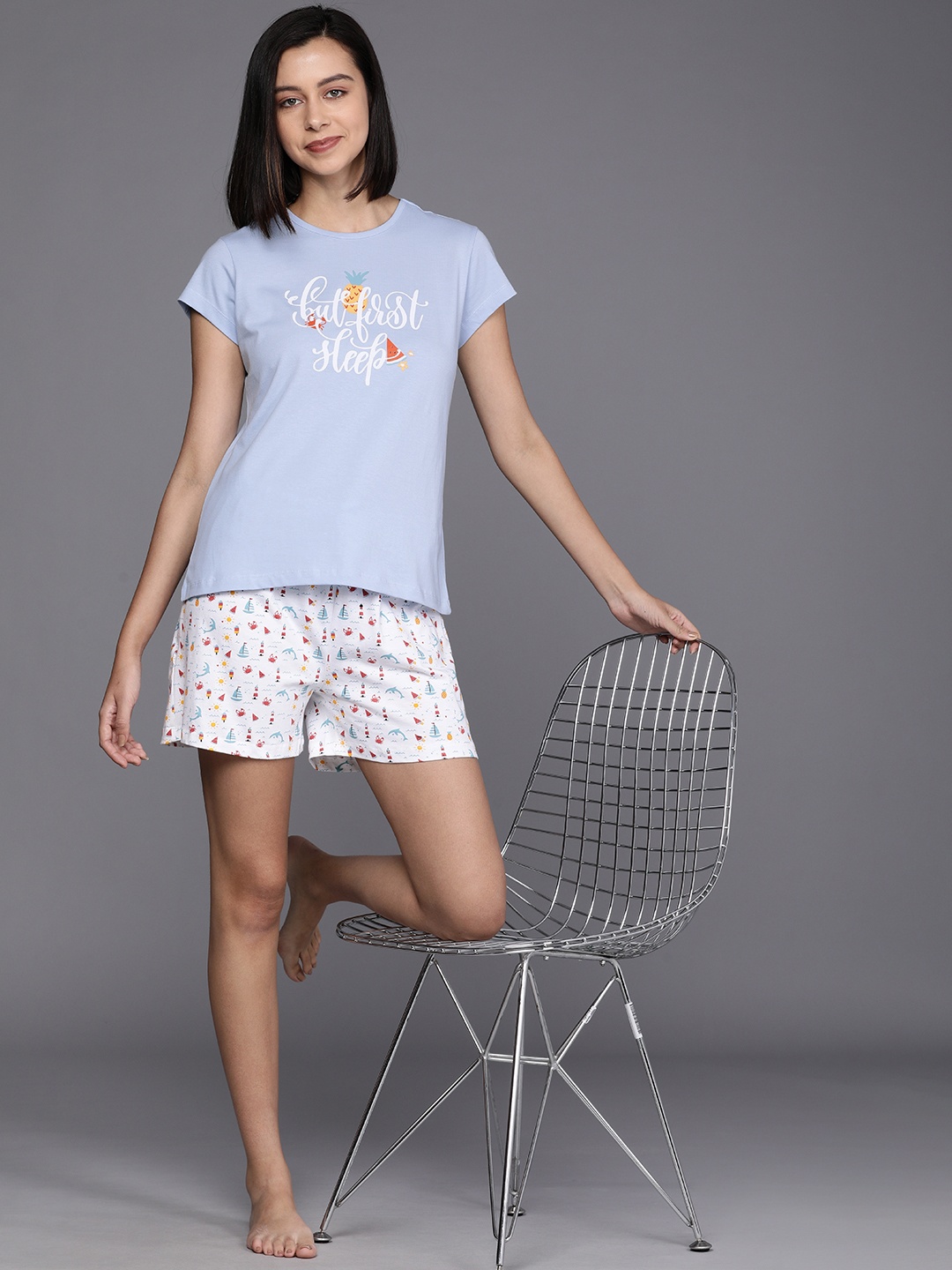 

Allen Solly Woman Women Light Blue & White Printed Pure Cotton Night suit