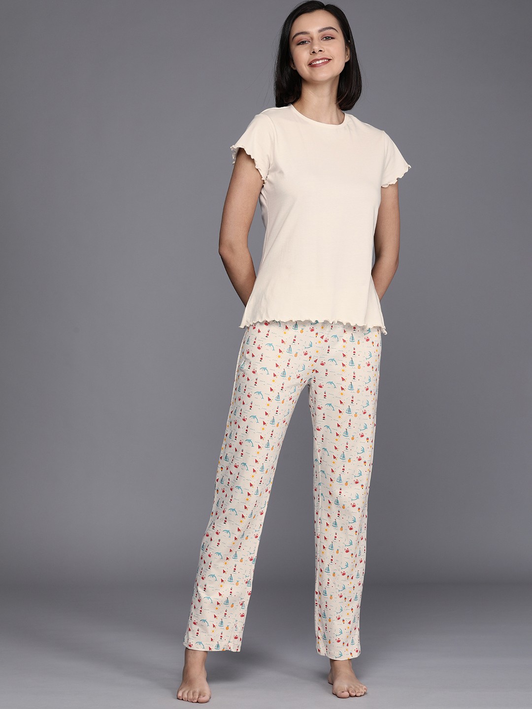 

Allen Solly Woman Women Cream-Coloured Pure Cotton Night suit