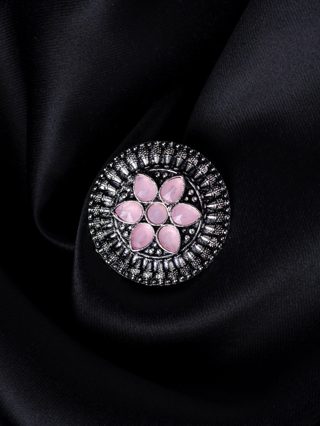 

MORKANTH JEWELLERY Silver-Plated Pink Stoned Studded Oxidised Adjustable Finger Ring