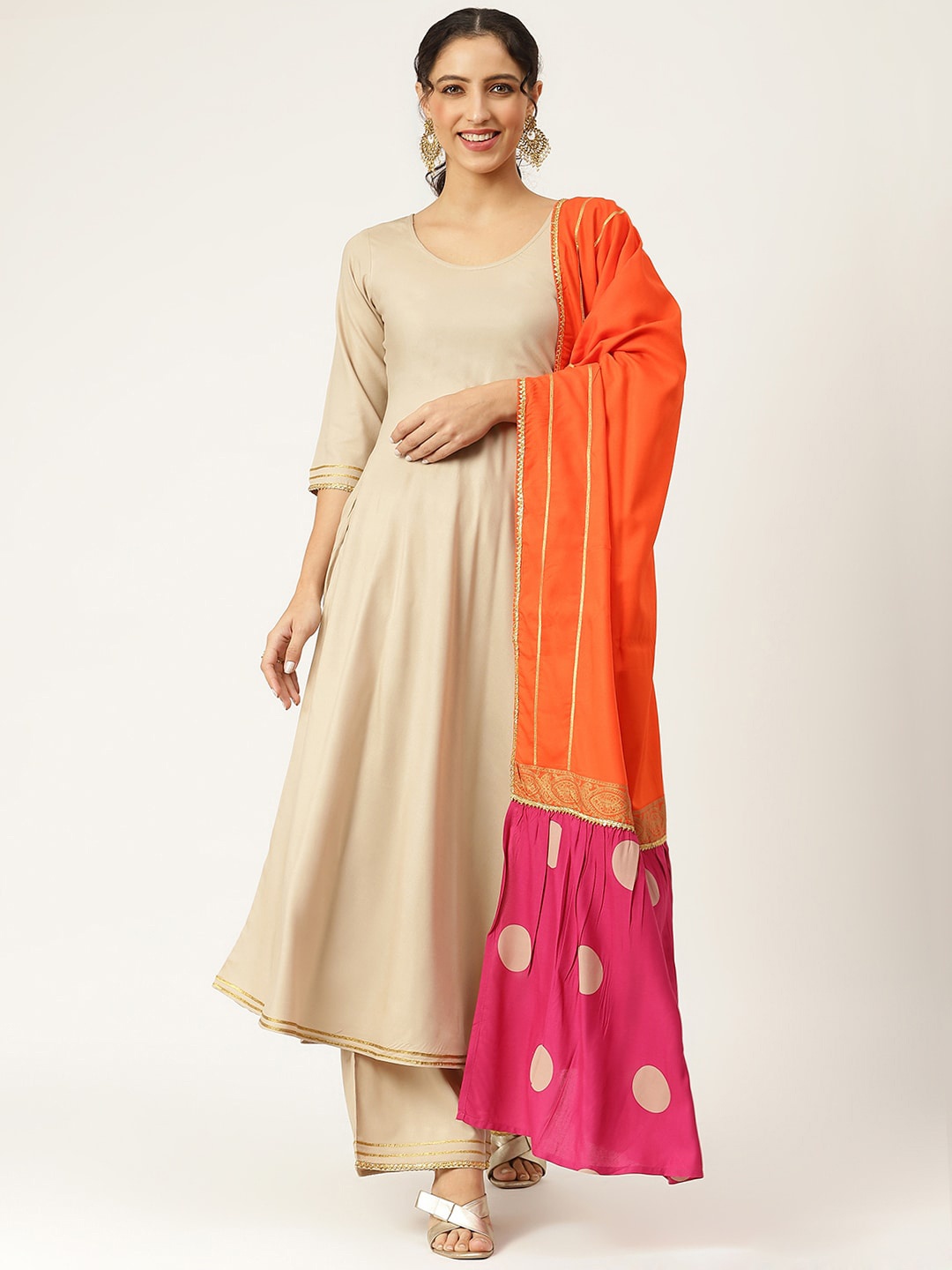 

Rustorange Women Beige Kurta with Palazzos & Dupatta