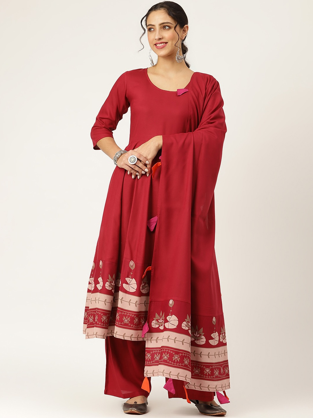 

Rustorange Women Maroon Ethnic Motifs Printed Pleated Kurta with Palazzos & With Dupatta