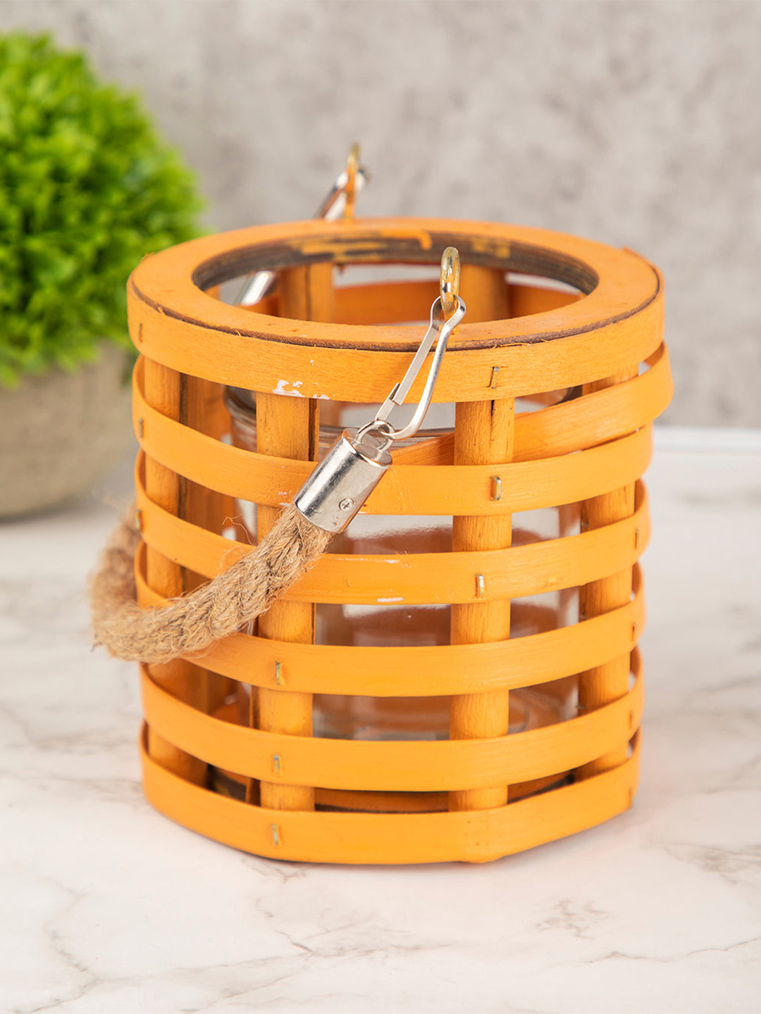 

MARKET99 Yellow & Beige Textured Lantern Wooden Candle Holder