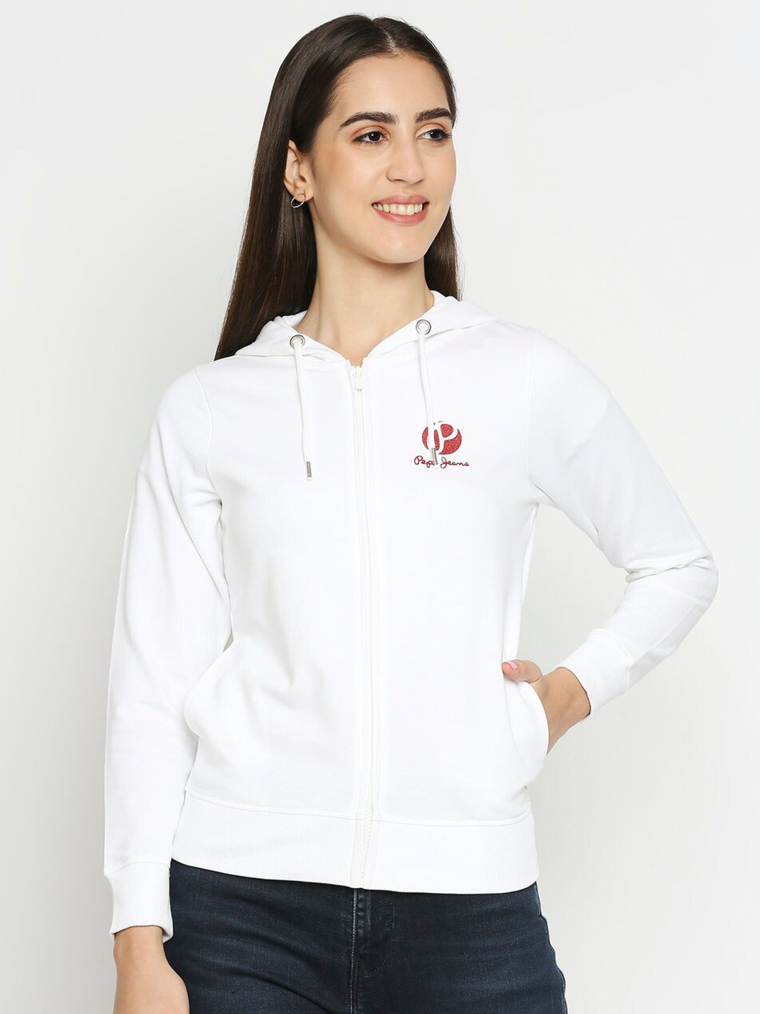 

Pepe Jeans Women White Solid Front-Open Sweatshirt