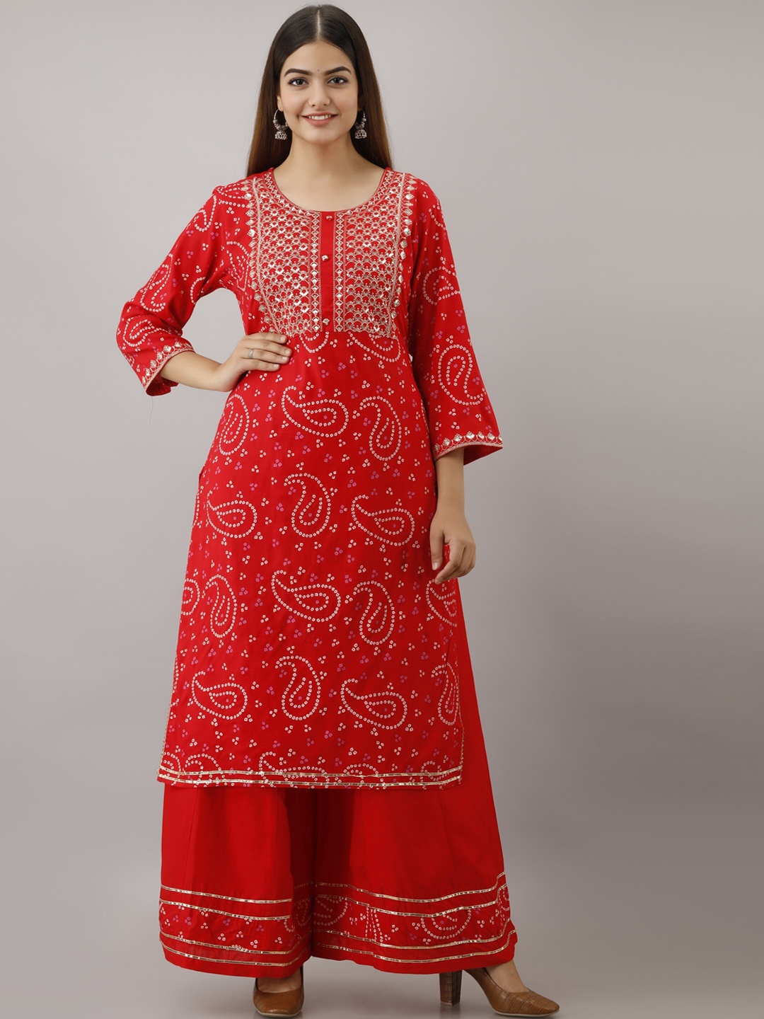 

KALINI Women Red Floral Printed Sequinned Kurta with Palazzos