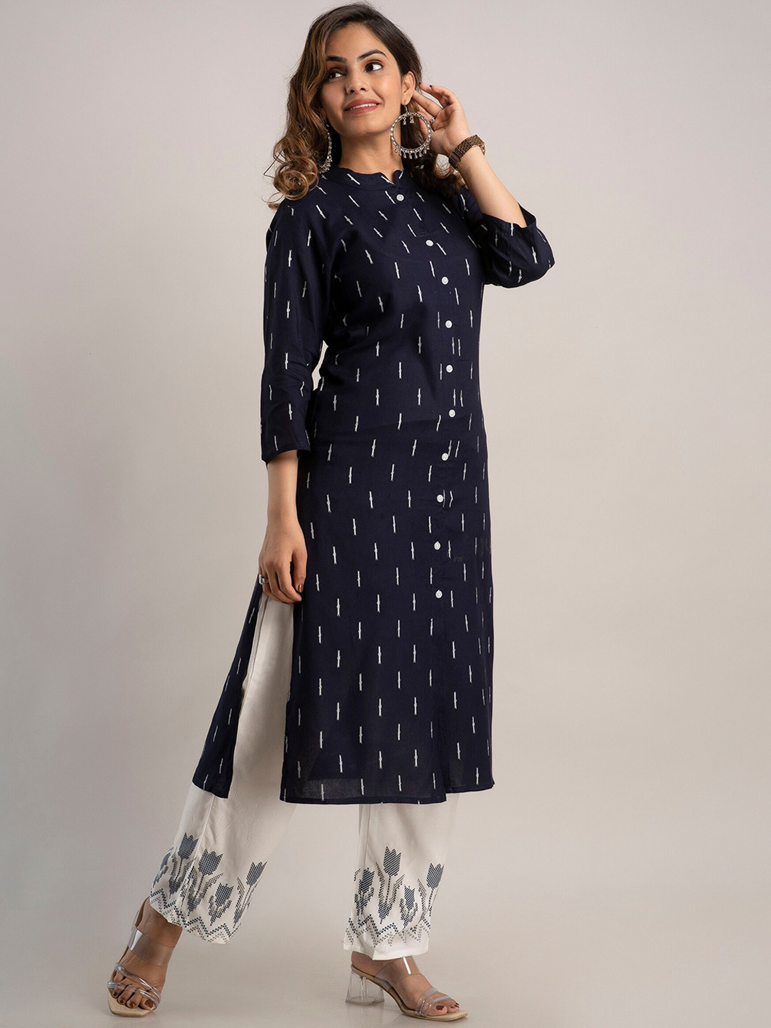 

KALINI Women Navy Blue Printed Kurta with Trousers