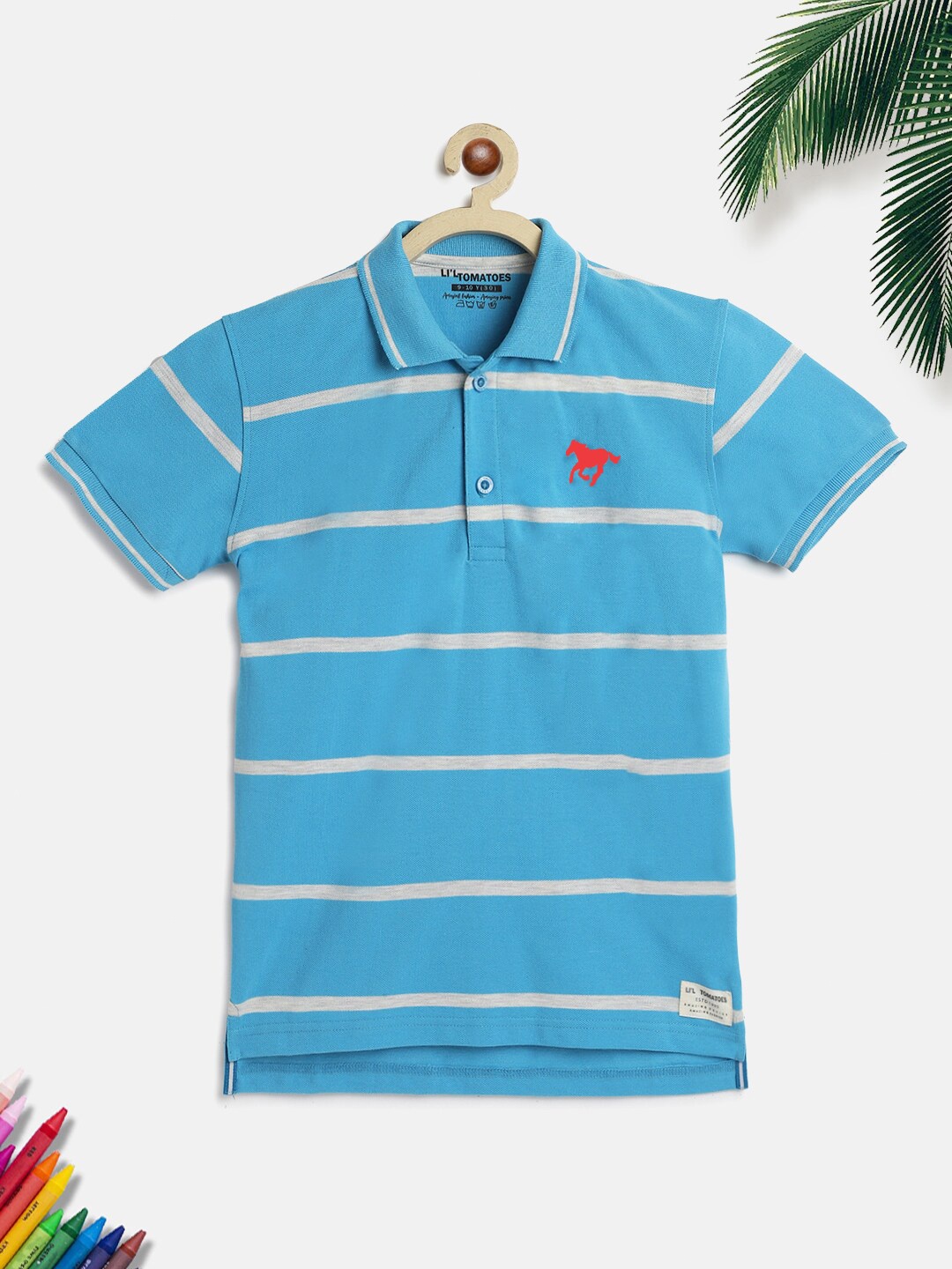 

Lil Tomatoes Boys Blue Striped Pure Cotton Polo Collar T-shirt