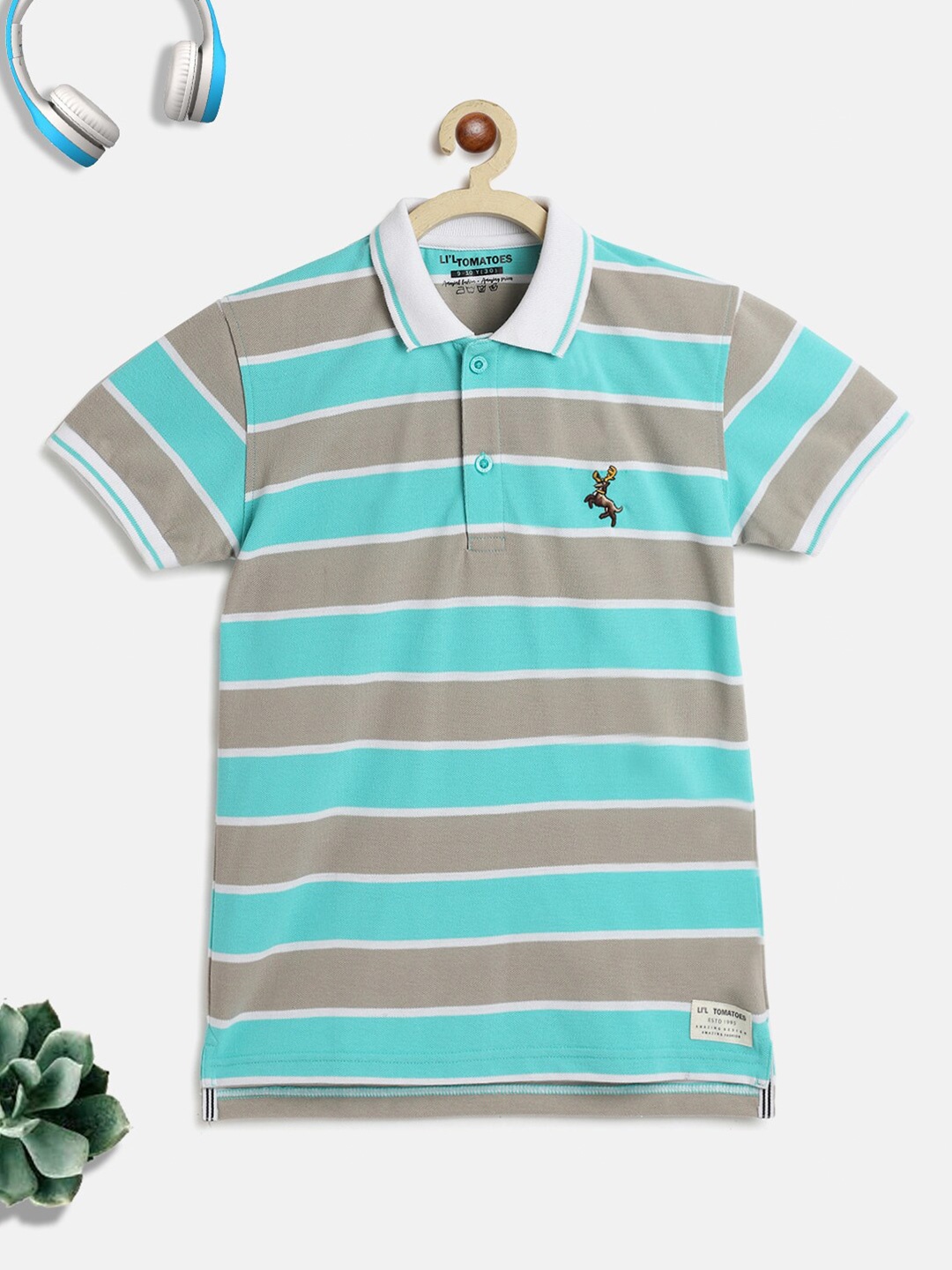 

Lil Tomatoes Boys Green Striped Polo Collar Cotton T-shirt
