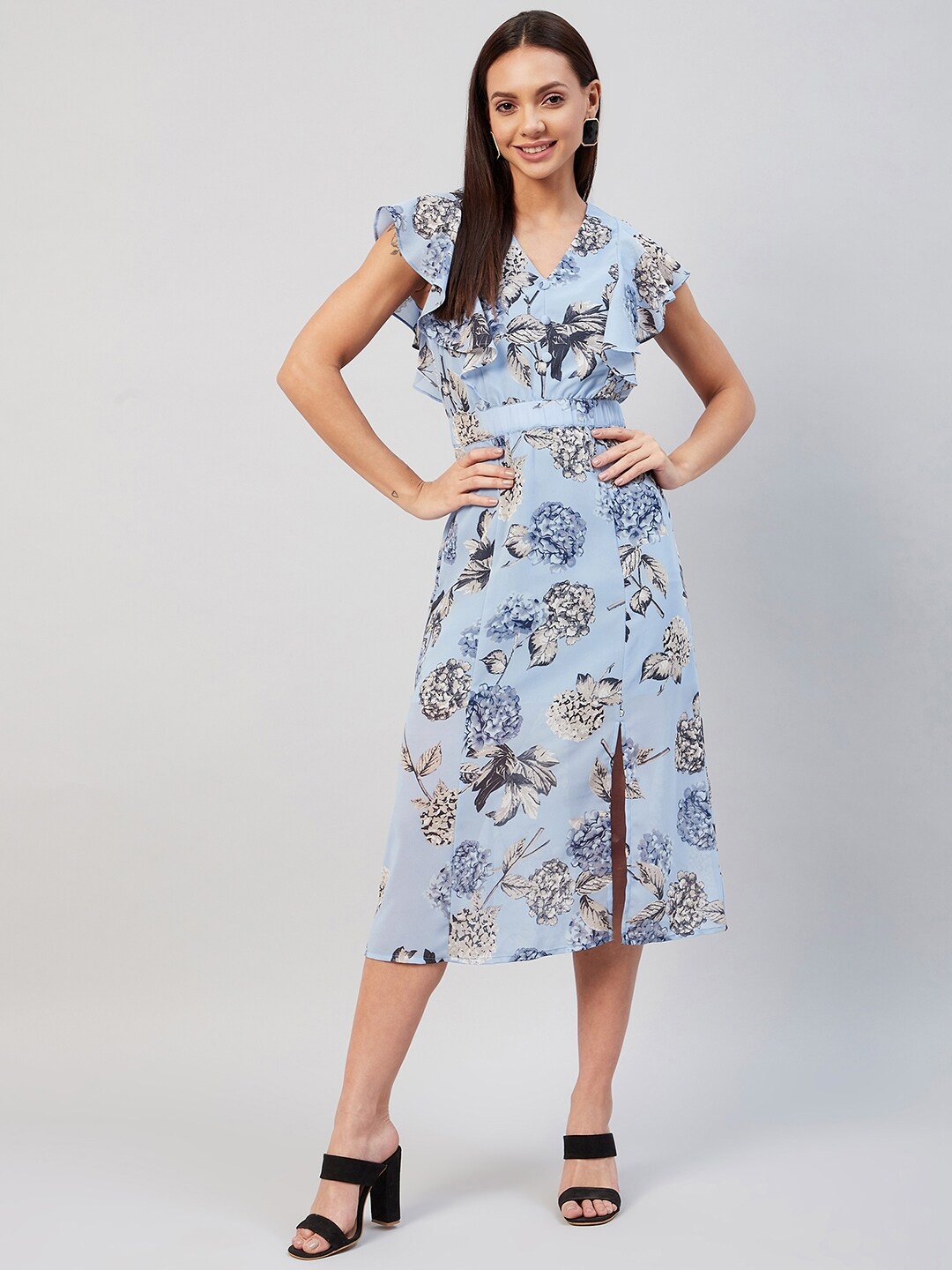 

Carlton London Blue & Off White Floral Georgette A-Line Midi Dress