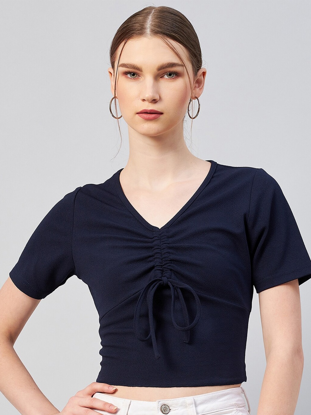 

Carlton London Navy Blue Gathered Tie Up Crop Top