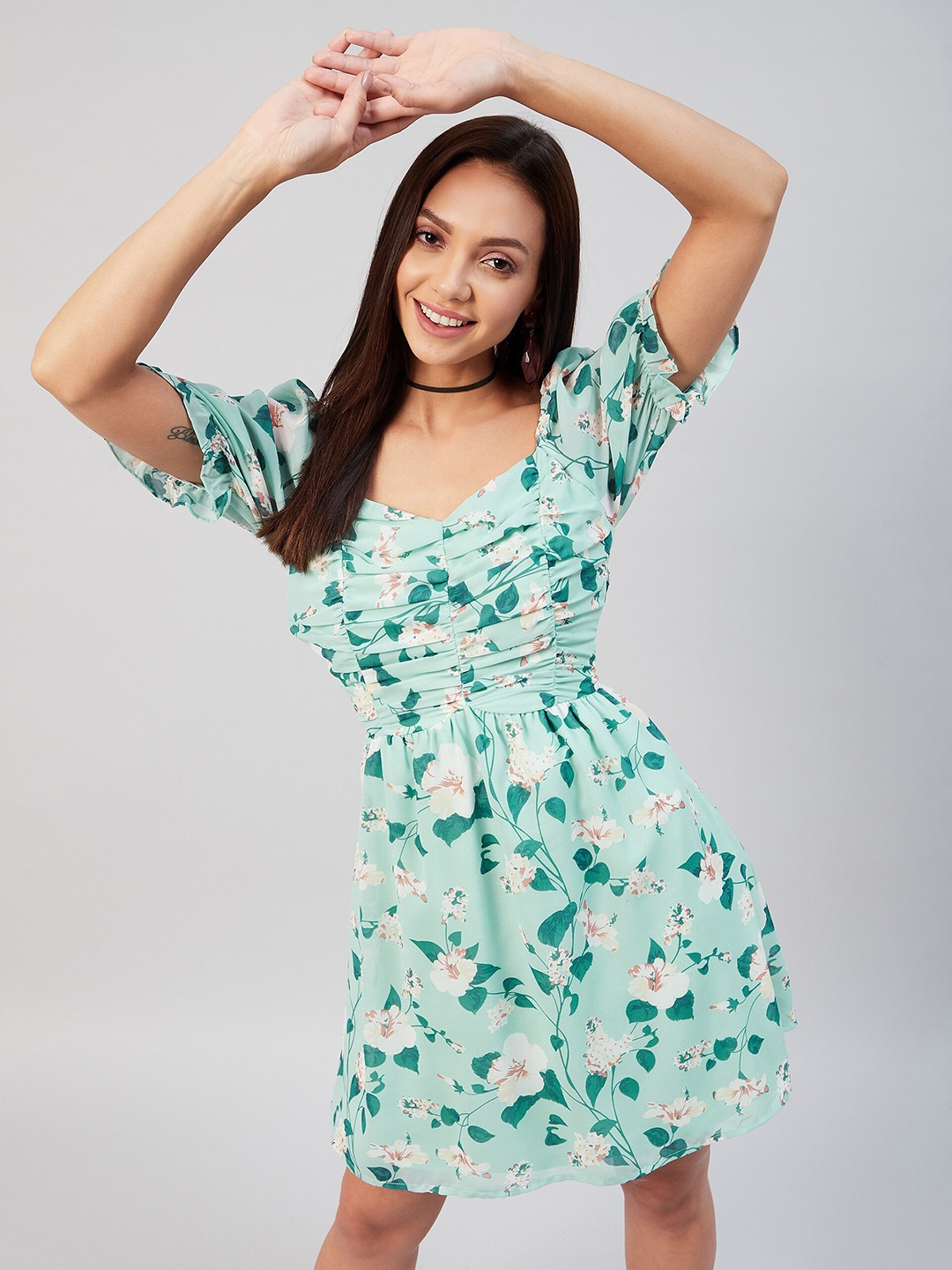 

Marie Claire Sea Green Floral Printed Fit & Flare Dress With Gathered Detailing