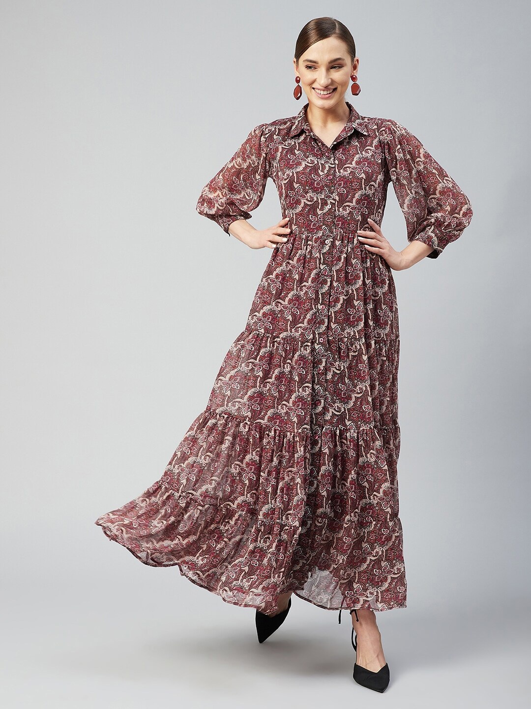 

Marie Claire Maroon & Beige Floral Chiffon Tiered Maxi Dress