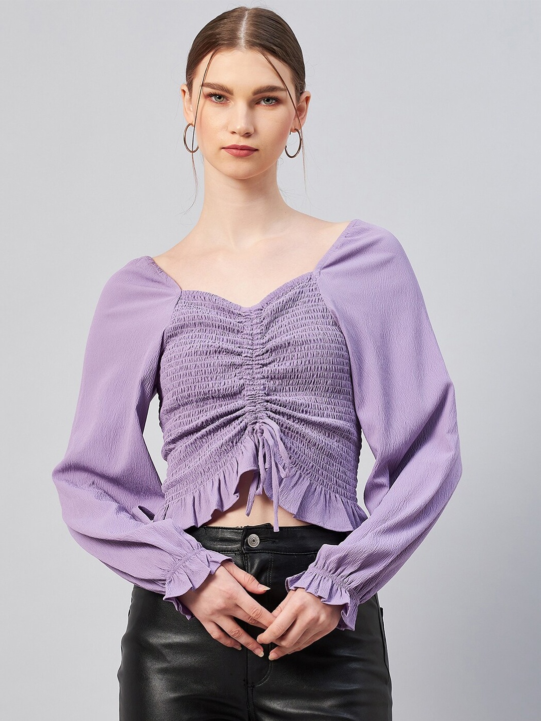 

Marie Claire Women Lavender Solid Sweetheart Neck Crepe Regular Crop Top