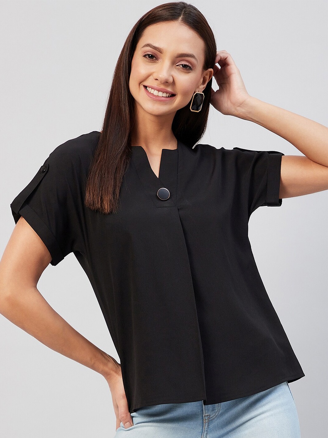 

Marie Claire Black Mandarin Collar Top