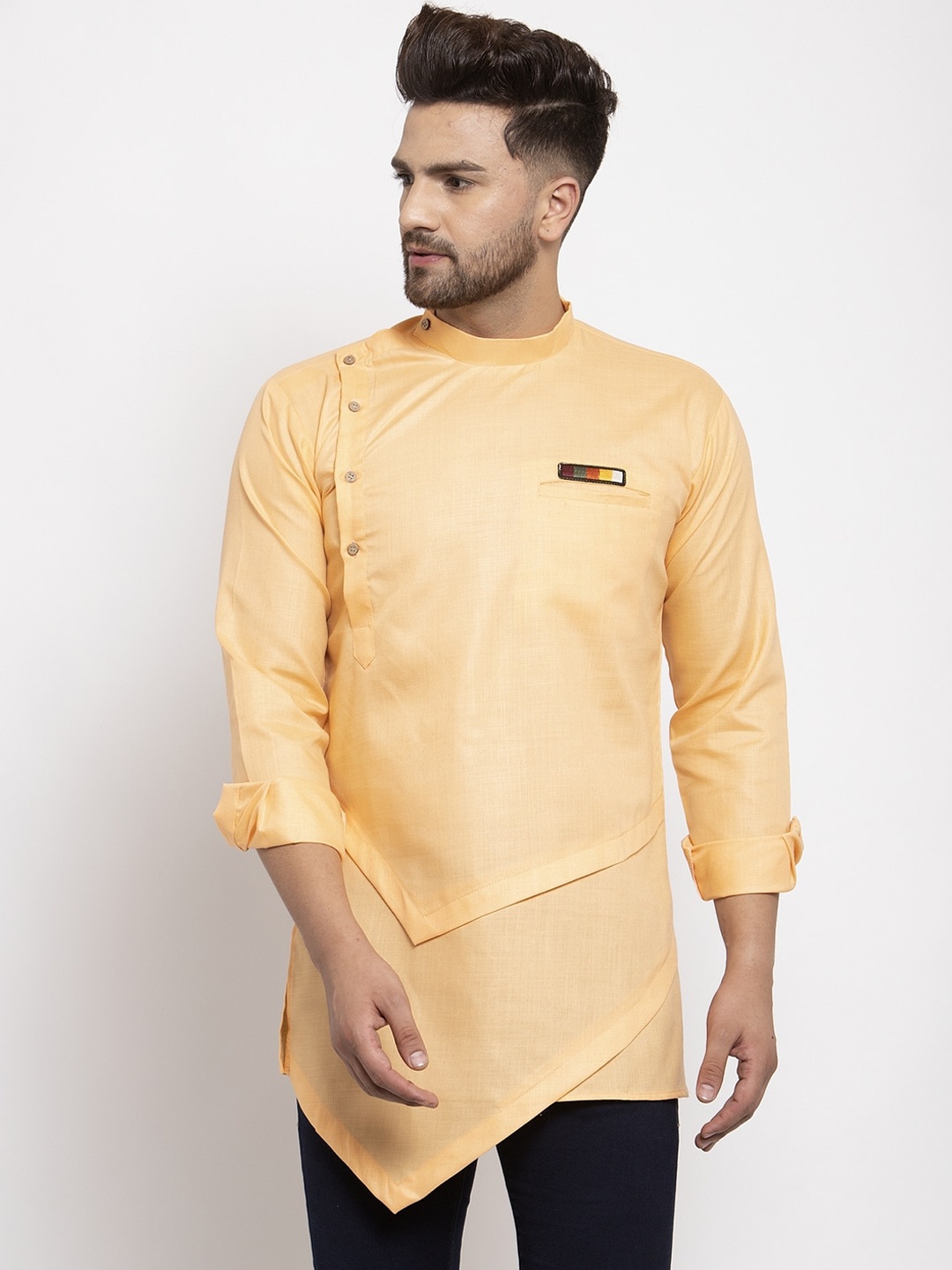 

Kaifoo Men Peach-Coloured Solid Thread Work Asymmetric Kurta