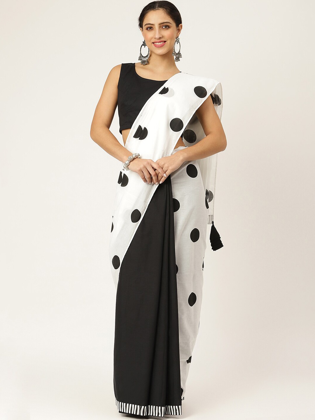 

Rustorange White & Black Polka Dots Printed Saree