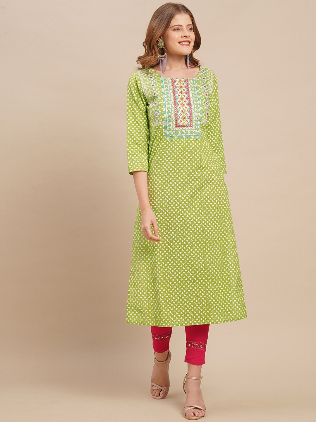 

FASHOR Women Green & White Ethnic Motifs Printed A-line Kurta