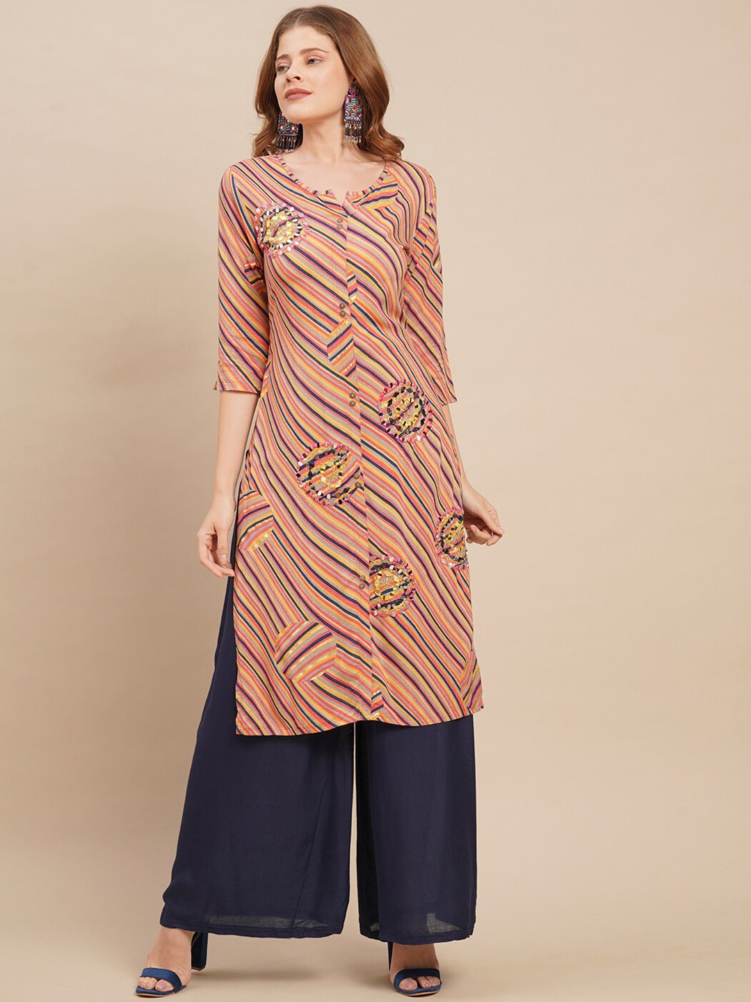 

FASHOR Women Beige Striped Abstract Kurta
