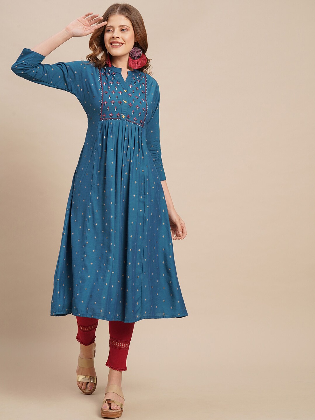 

FASHOR Women Teal Blue Ethnic Motifs Printed Embroidered Detail Kurta
