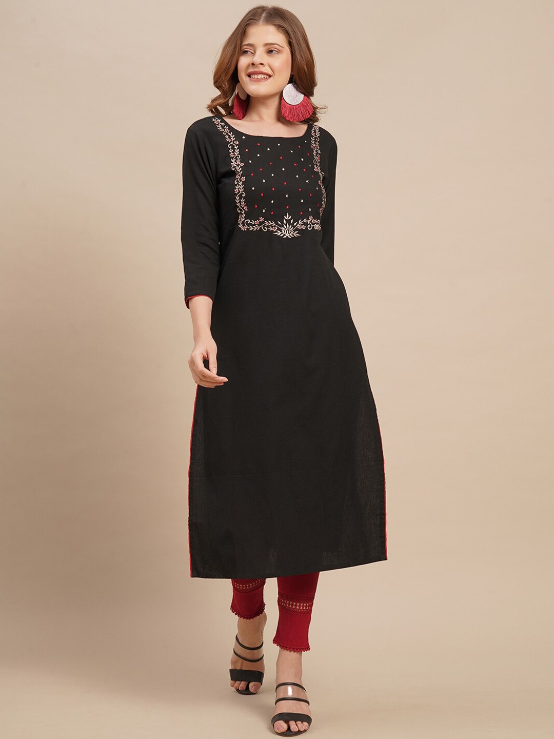 

FASHOR Women Black Thread Work Anarkali Kurta