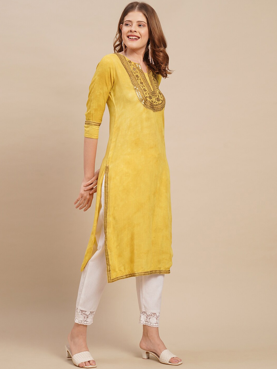 

FASHOR Yellow Embellished Thread Work Kurta