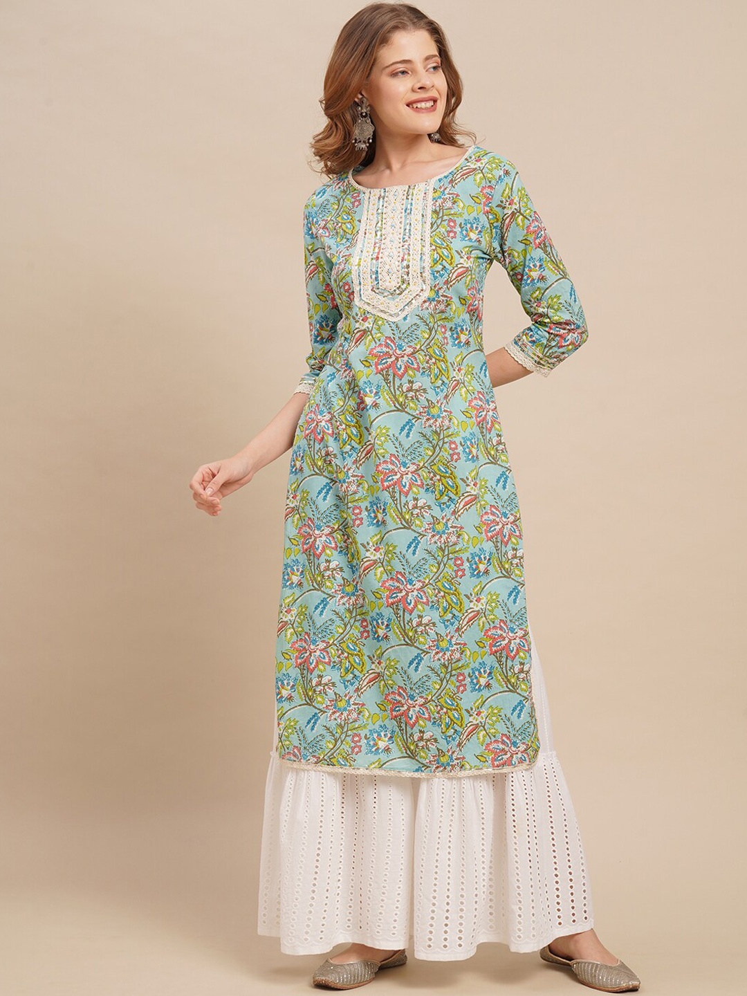 

FASHOR Women Turquoise Blue Ethnic Motifs Printed Kurta