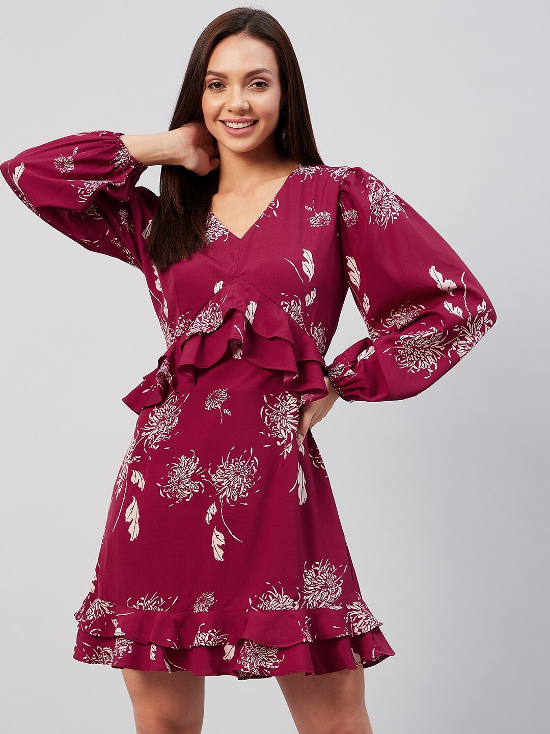 

RARE Maroon Floral Ruffled PUff Sleeves Crepe Dress