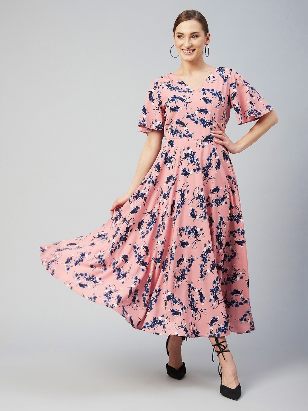 

RARE Peach-Coloured & Blue Floral Crepe Maxi Dress