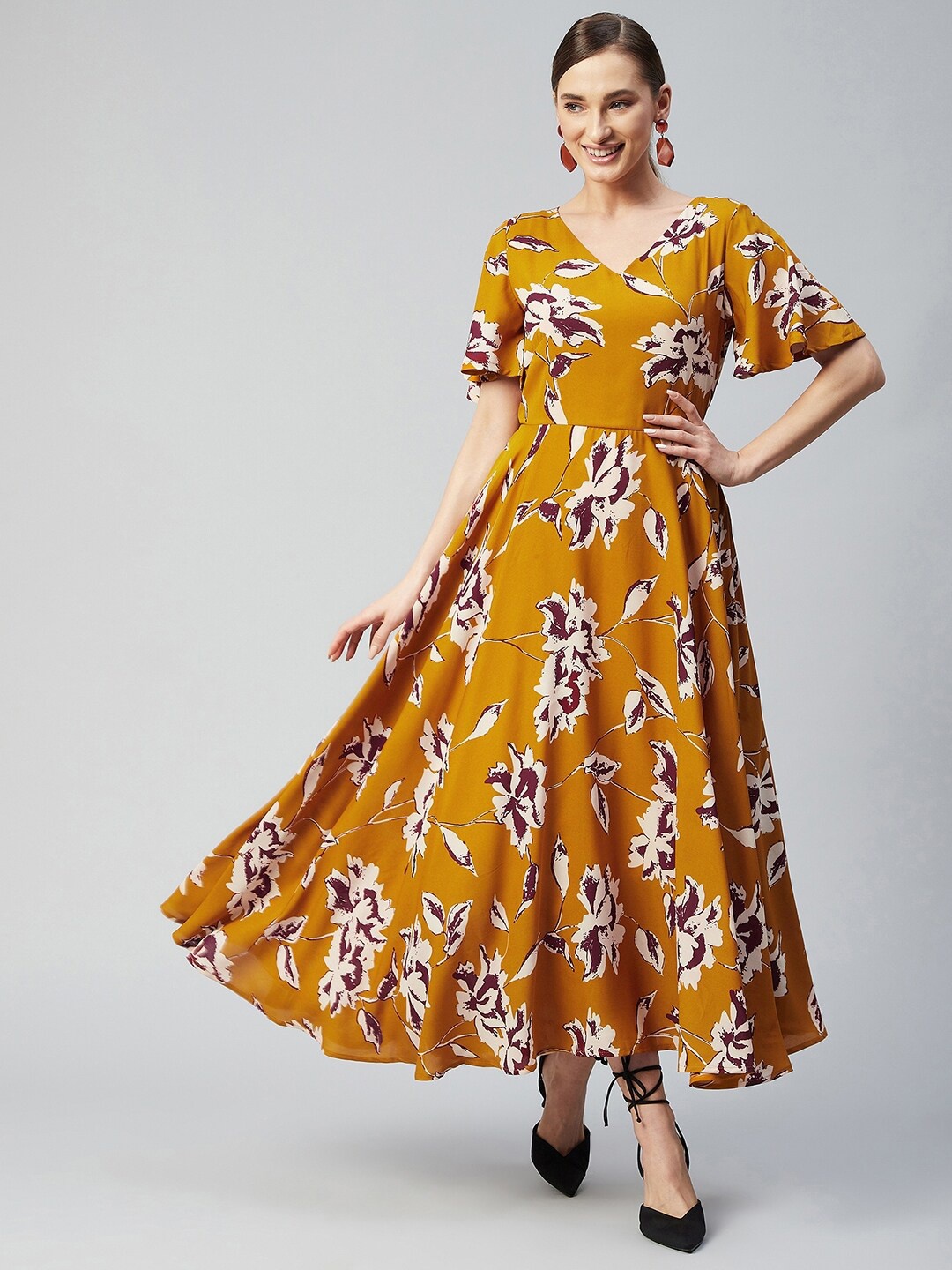 

RARE Mustard Yellow Floral Crepe Maxi Dress