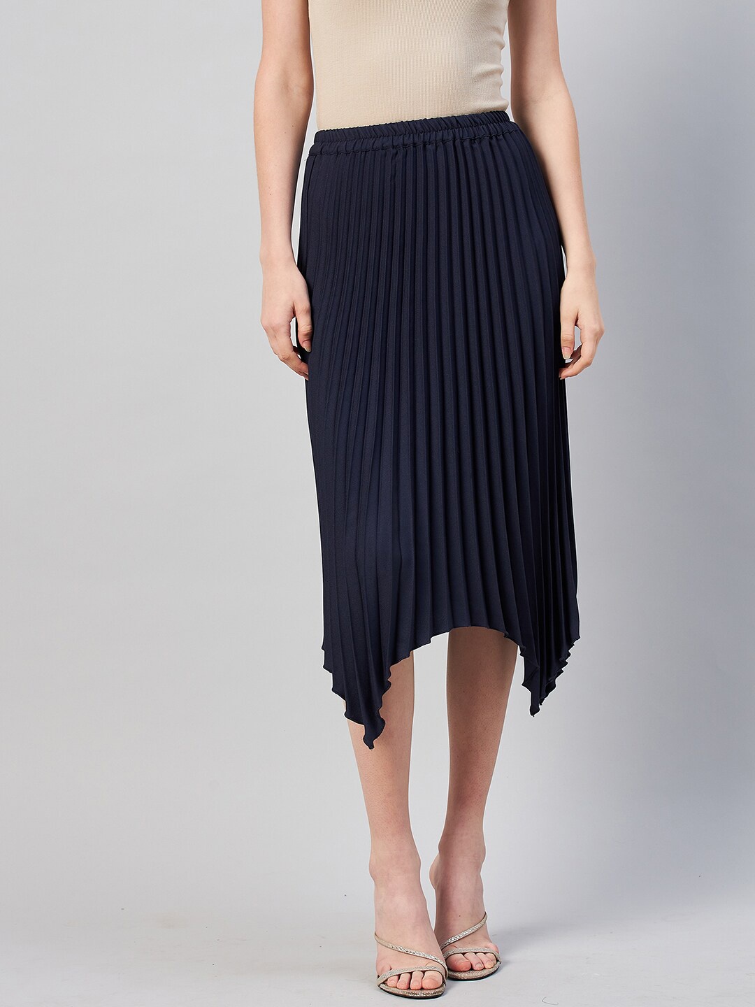 

RARE Women Navy Blue Solid Accordion Pleats A-Line Skirt