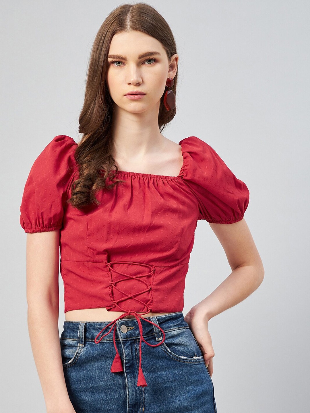 

RARE Red Crepe Cinched Waist Crop Top